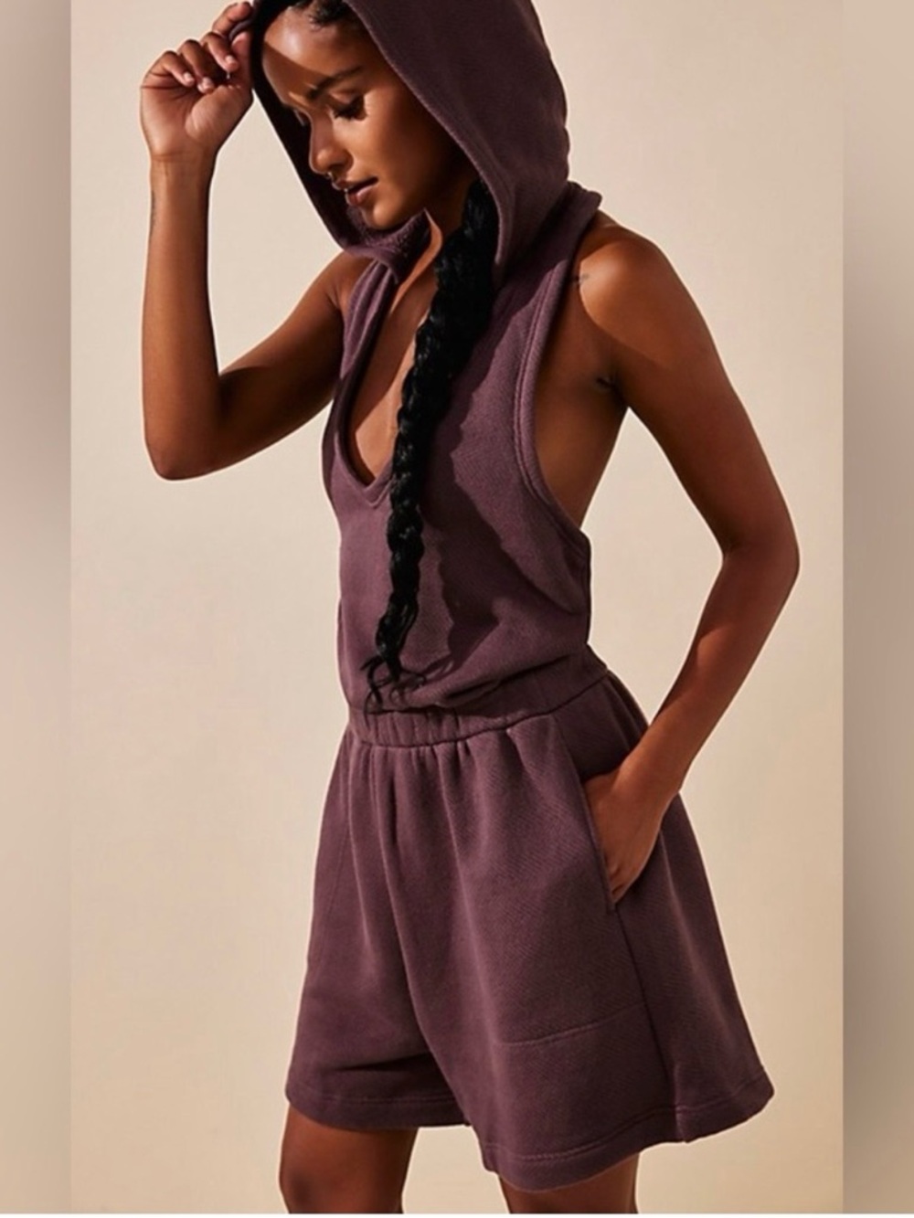 Free People Hooded Sleeveless Romper in Chocolate Merlot